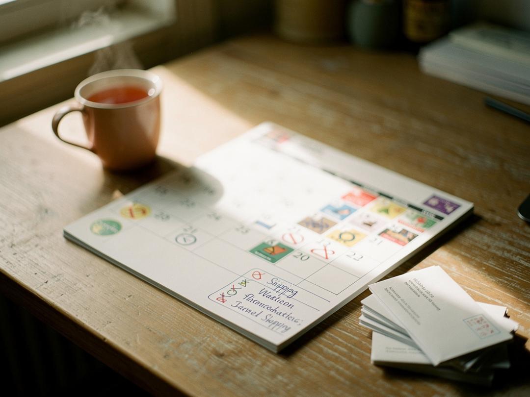 A paper desk calendar with hand-marked shipping dates, a mug of tea, and a stack of addressed envelopes