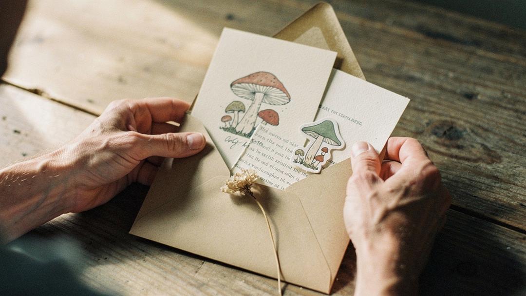 Hands holding an open kraft envelope with a mushroom-illustrated art print and sticker