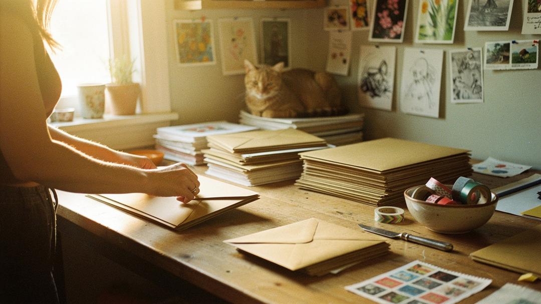 A woman's hands folding kraft envelopes at a sunlit desk with a cat nearby