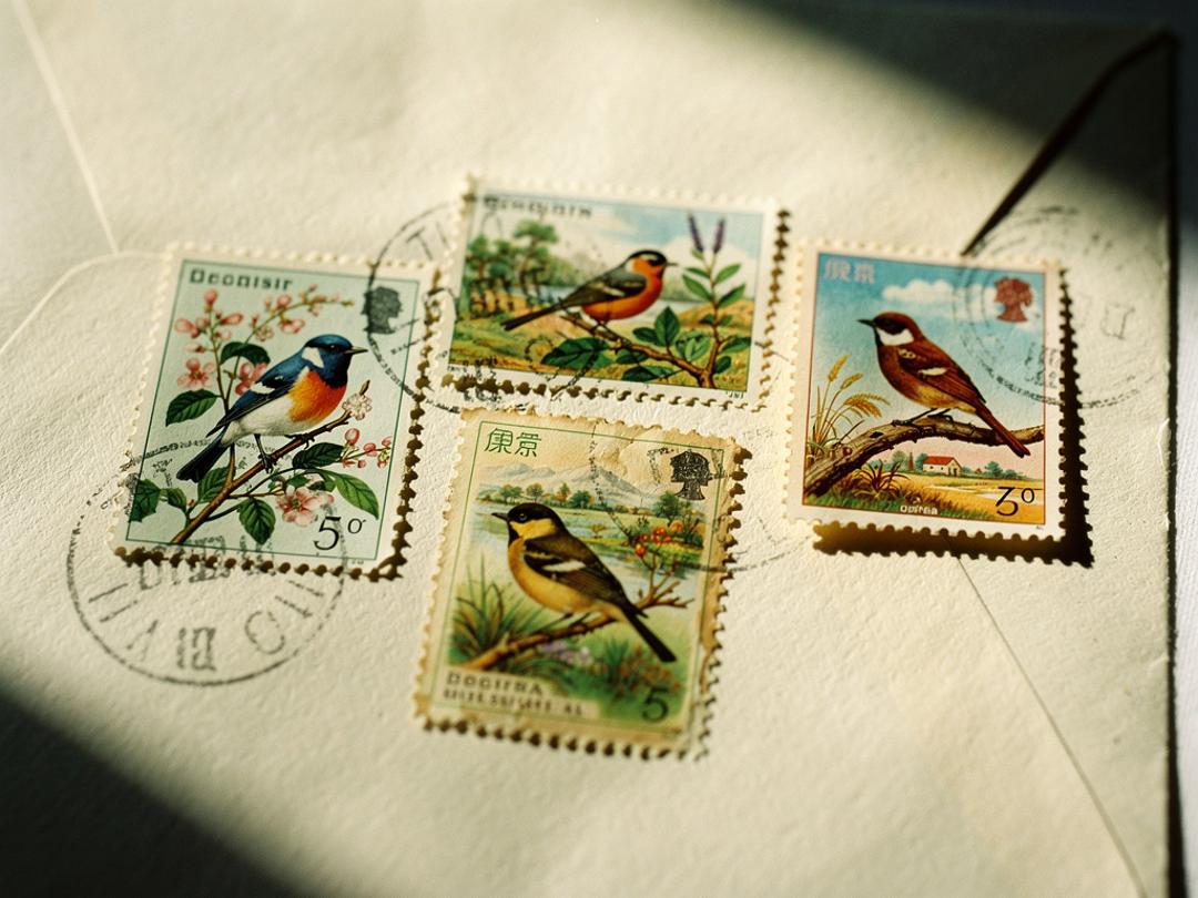 Vintage postage stamps featuring birds arranged on a cream envelope