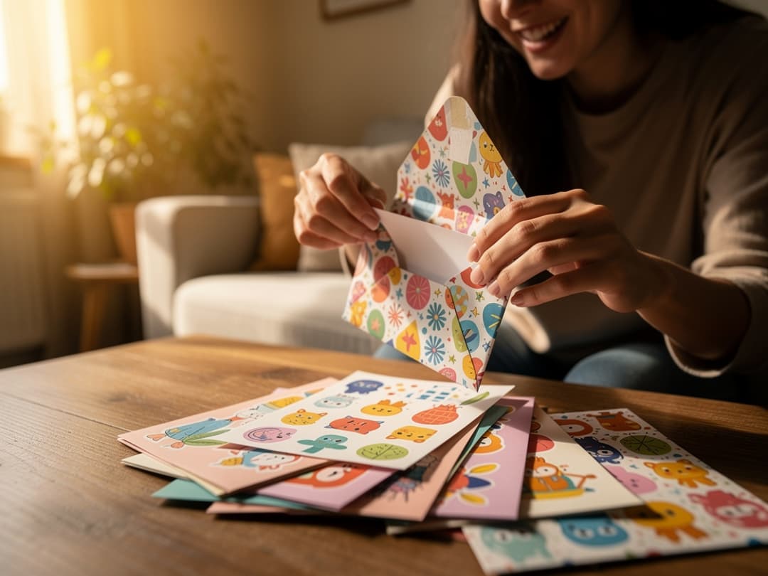 Person opening colorful envelope with art inside
