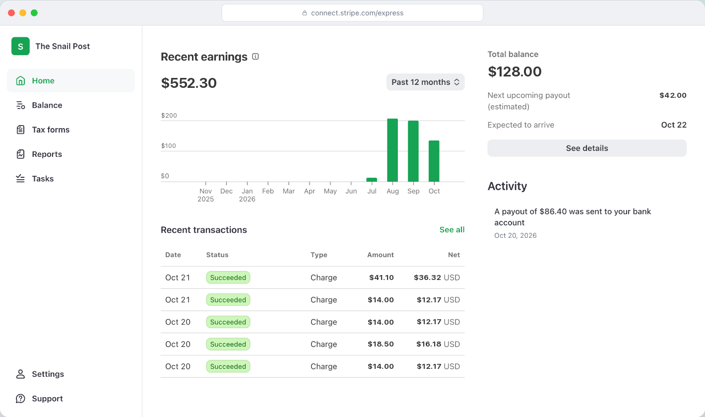 Das Express-Dashboard von Stripe: letzte Einnahmen, letzte Transaktionen, Guthaben und nächste Auszahlung